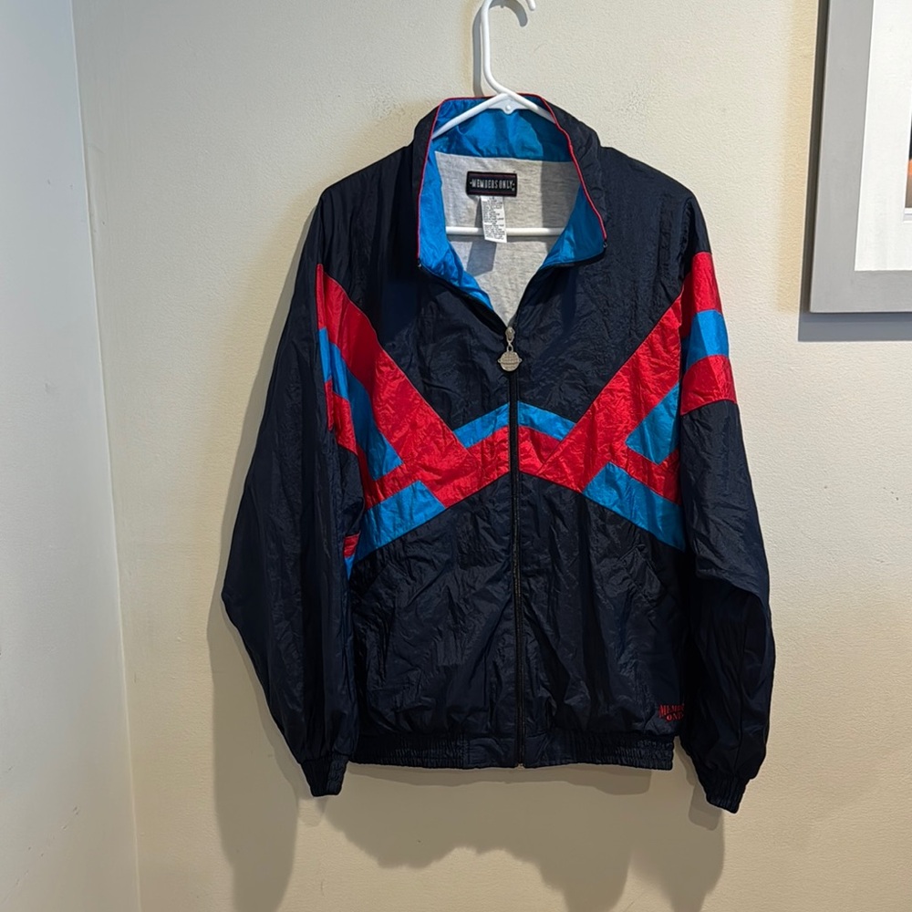 Rare Vintage Members Only Chevron Zip‎ Up Jacket Red Blue Large Windbreaker